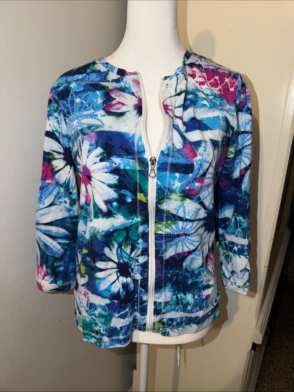 Onque Casuals Floral Zip-Front Jacket - Blue Multi